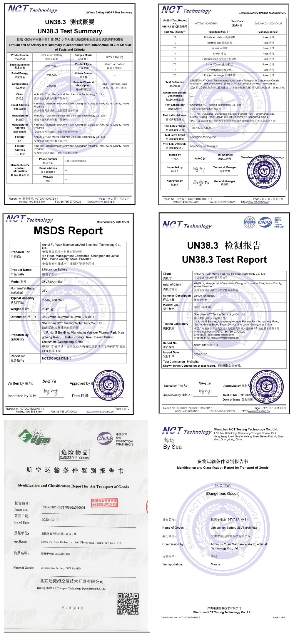 Quality testing reports and safety certifications